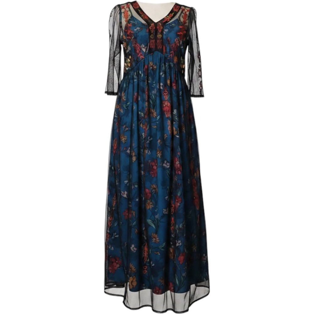 Unbranded Floral Mesh‎ Overlay Maxi Dress Womens Small Teal Embroidered Boho